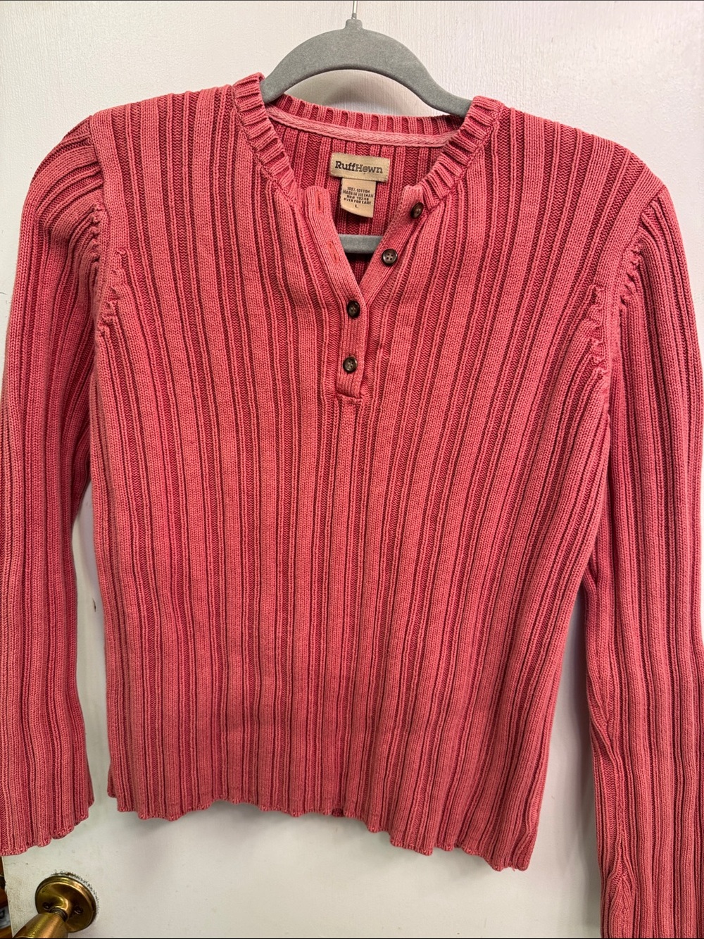Ruff Hewn Coral Pink Ribbed Henley Sweater